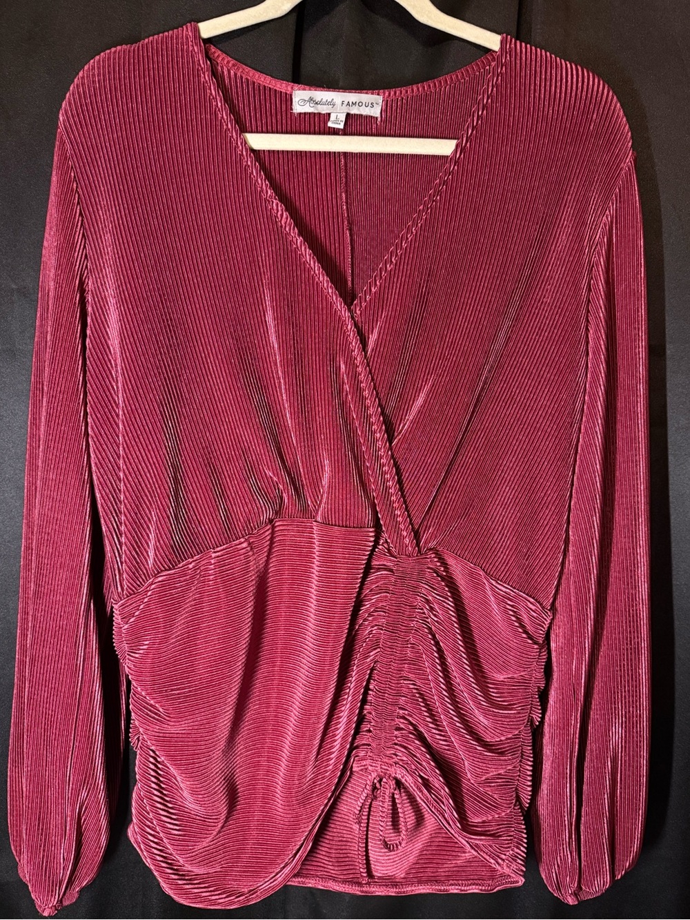 Absolutely Famous Shimmery Ribbed & Ruched Wrap Top - Berry